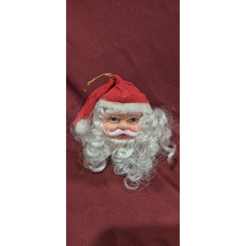 Vtg Rubber Face Santa Head Christmas Ornament Wire Glasses Curly Beard MCM 1970s